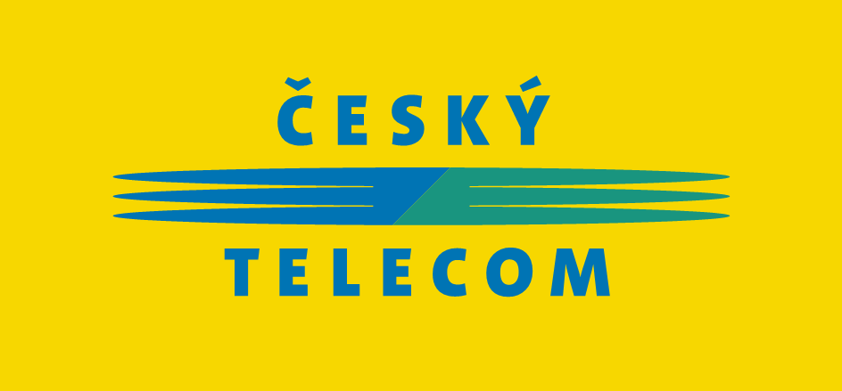 Logo Český Telecom – modrý text a stylizované linky na žlutém pozadí