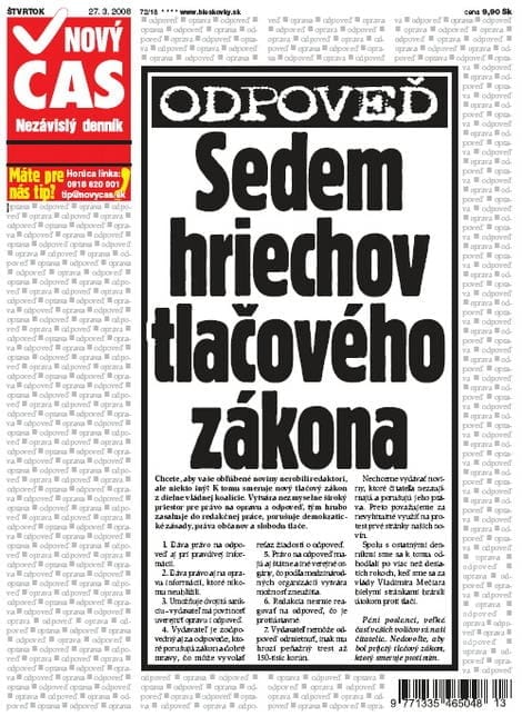 Titulní strana slovenského deníku Nový Čas s titulkem „ODPOVEĎ – Sedem hriechov tlačového zákona“ na pozadí opakovaných slov „odpoveď, oprava“