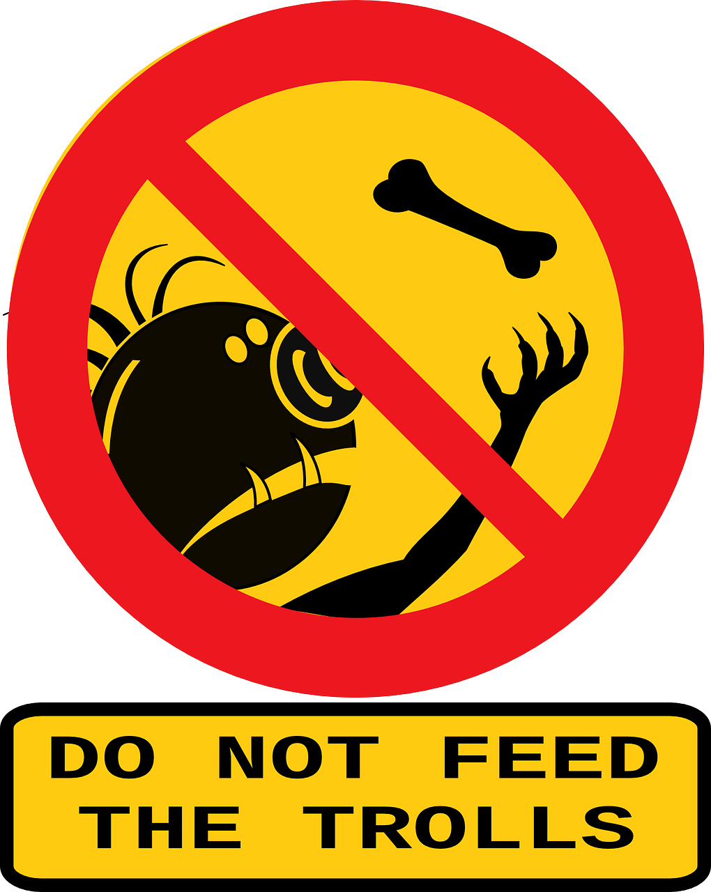 Zákazová značka s karikaturou trolla sahajícího po kosti a nápisem „Do not feed the trolls“