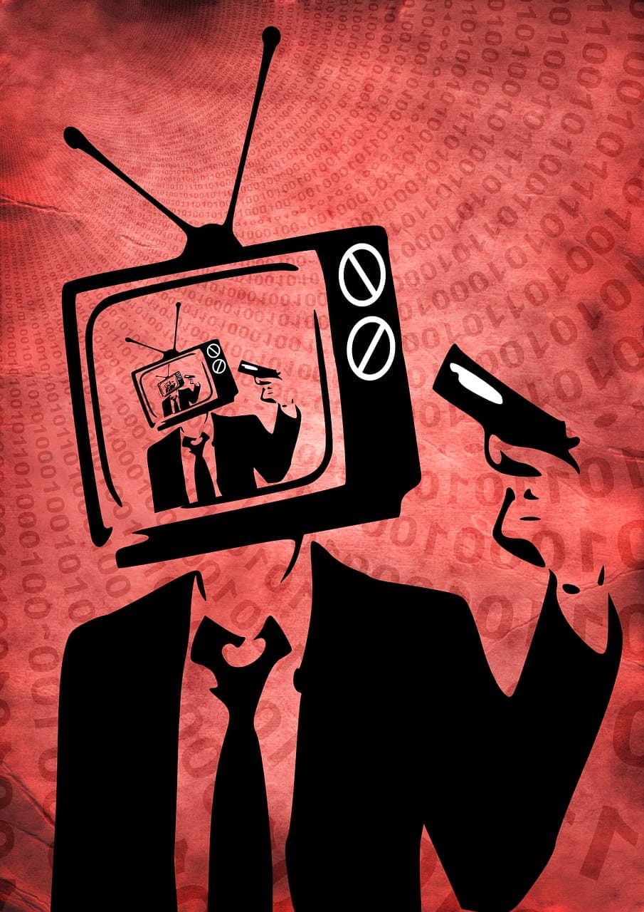 Ilustrace muže v obleku s televizorem místo hlavy, na kterého míří pistole; scéna se opakuje na obrazovce