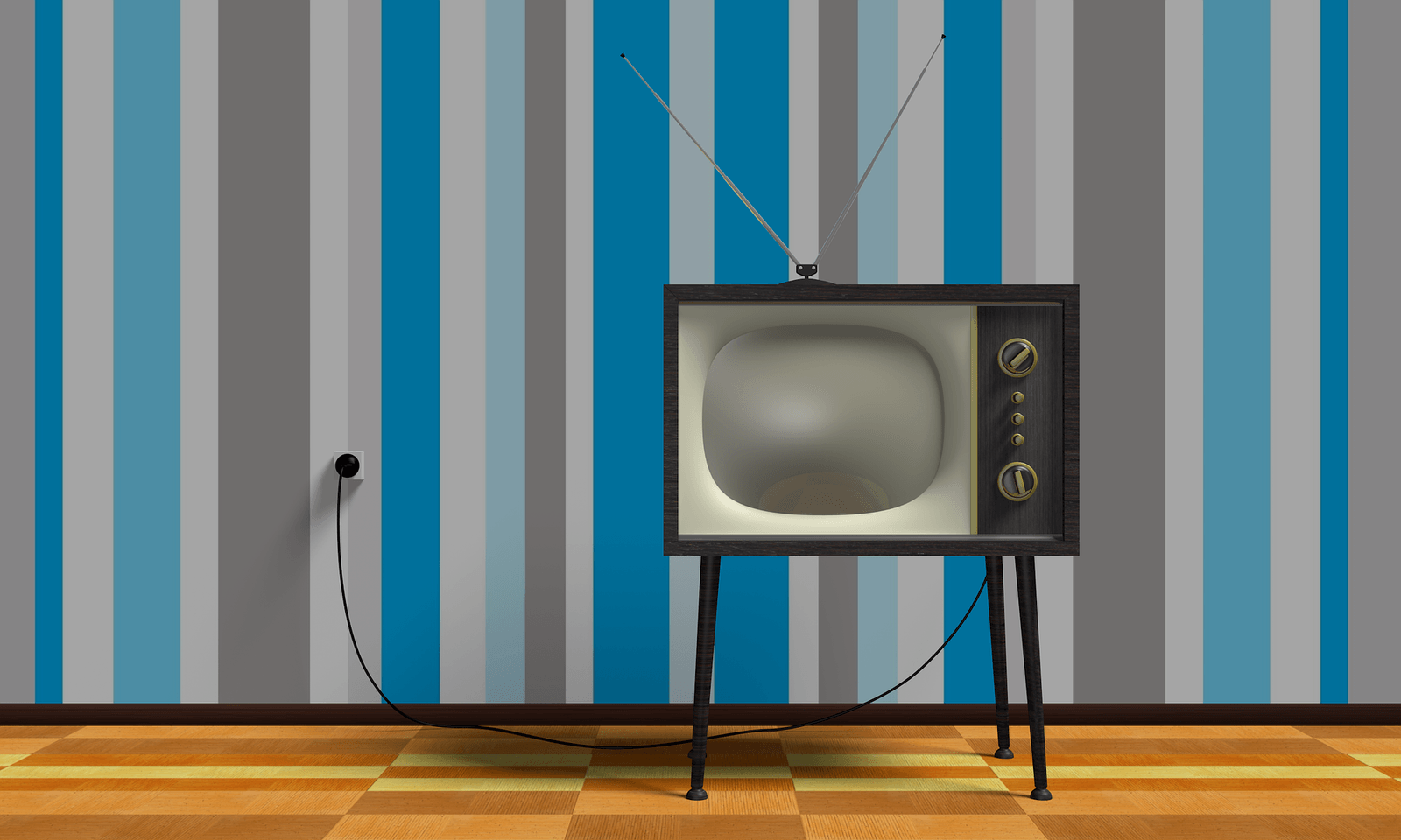Ilustrace staré televize na vysokých nožkách s pokojovou anténou před pruhovanou modro-šedou tapetou