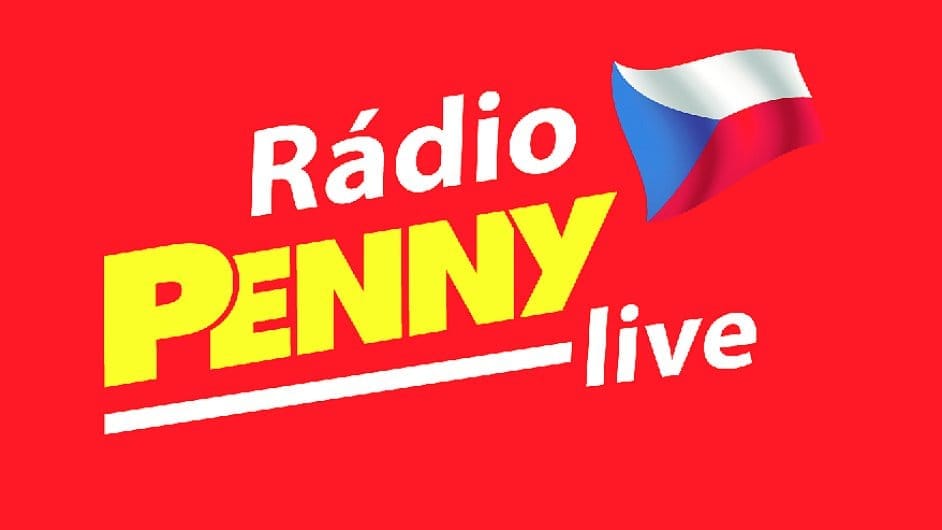 Logo Rádio Penny live – bílý a žlutý text na červeném pozadí s českou vlajkou