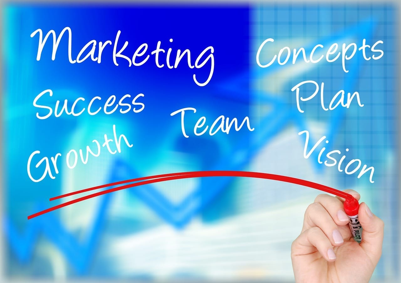Ruka s červeným fixem podtrhává na skle bílá slova Marketing, Success, Growth, Team, Concepts, Plan a Vision na modrém pozadí s grafy