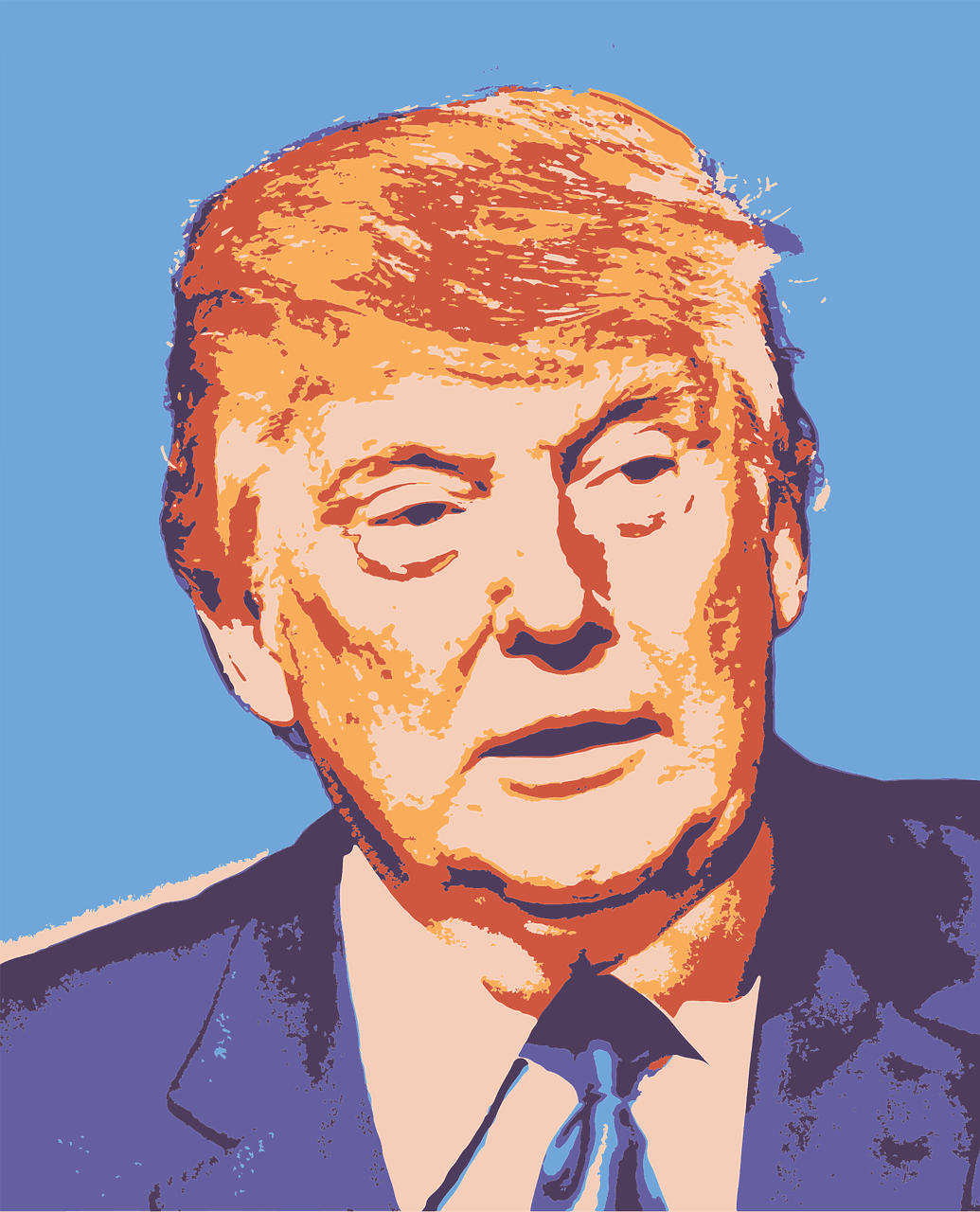 Stylizovaný pop-artový portrét Donalda Trumpa se sklopeným pohledem na modrém pozadí