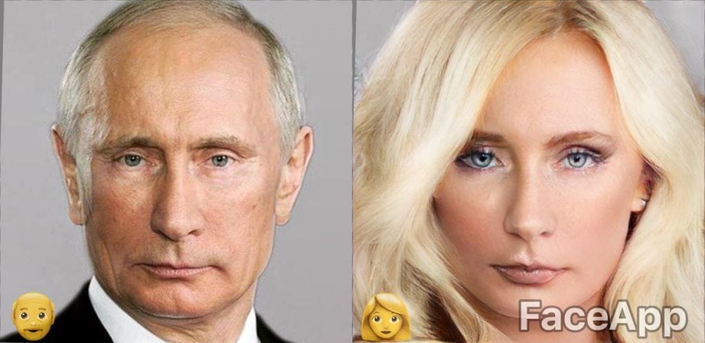 Portrét Vladimira Putina vedle jeho ženské podoby s blond vlasy vytvořené aplikací FaceApp