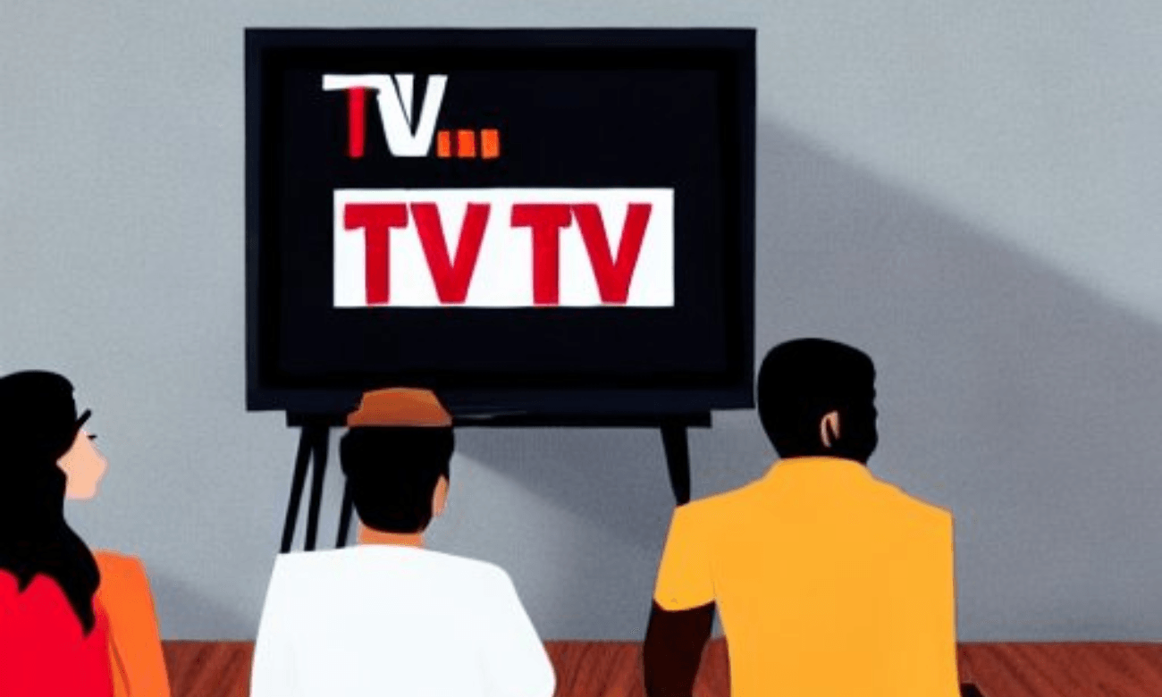 Ilustrace tří lidí zezadu sledujících televizor s nápisy „TV“