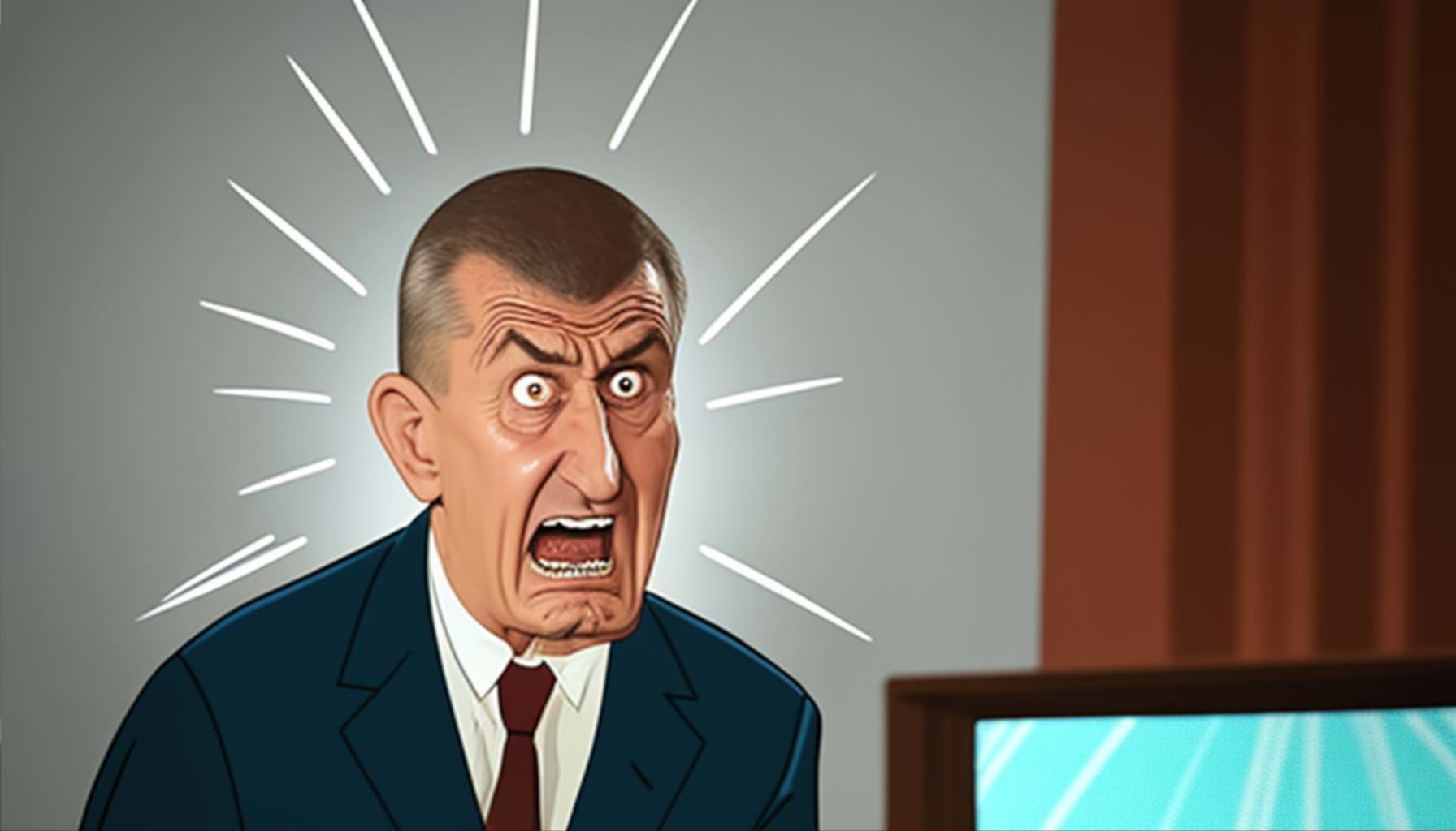 Karikatura rozzlobeně křičícího Andreje Babiše v modrém obleku před televizní obrazovkou