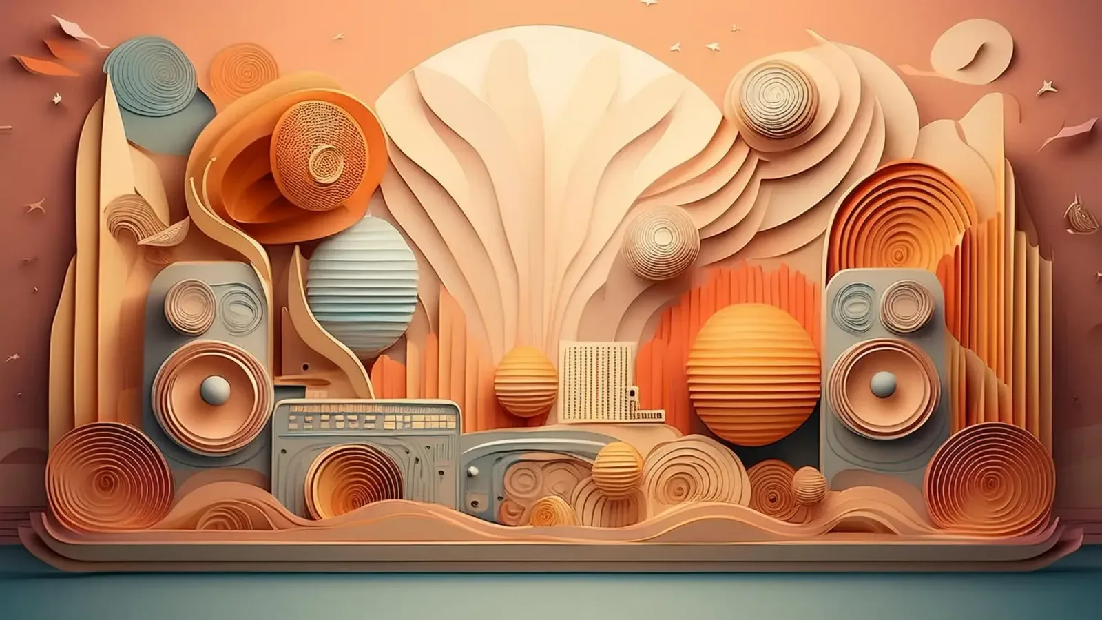Stylizovaná papírová ilustrace v odstínech oranžové s rozhlasovým přijímačem, reproduktory, mikrofonem a soustřednými kruhy