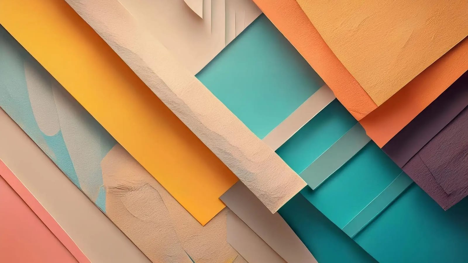 Abstraktní grafika s překrývajícími se barevnými plochami v oranžové, tyrkysové, béžové a růžové