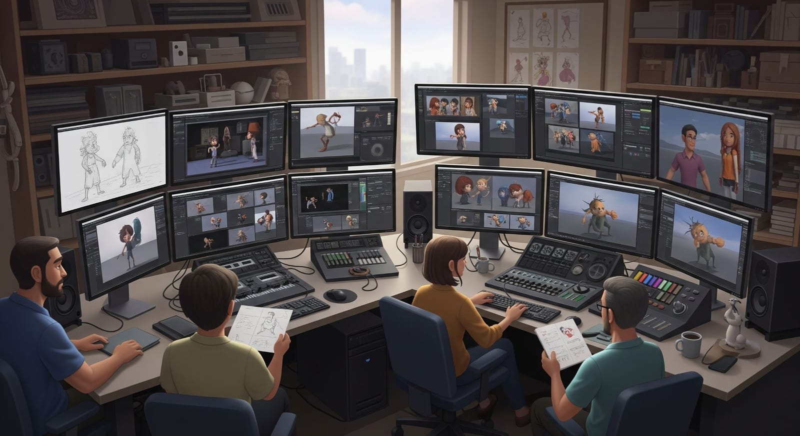 Ilustrace vygenerovaná umělou inteligencí: čtyři lidé u desítek monitorů s 3D animovanými postavami a skicami