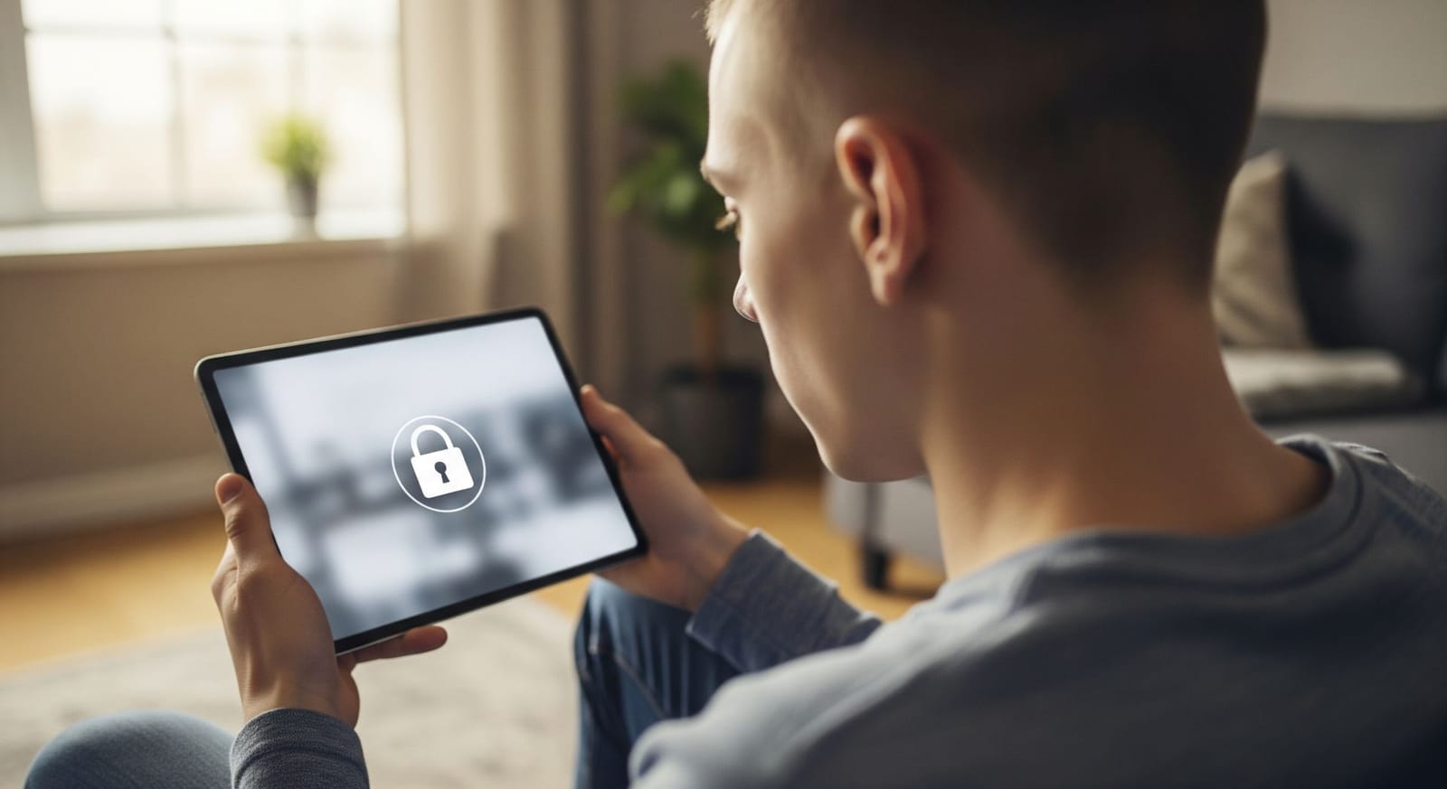 Mladík drží tablet, na jehož rozmazané obrazovce svítí ikona zámku