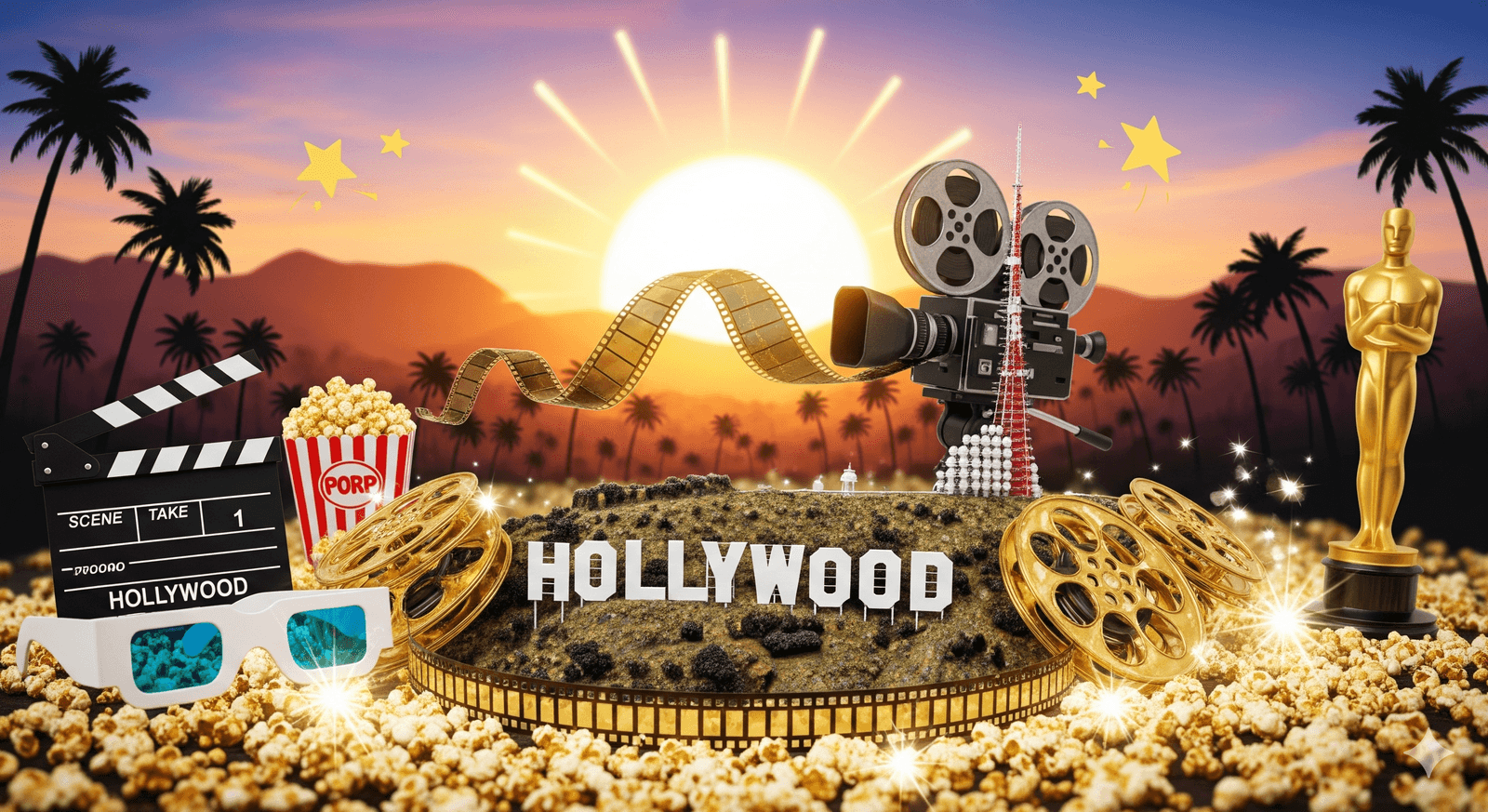 Ilustrace filmové tematiky: nápis HOLLYWOOD, klapka, popcorn, filmové pásy, kamera a zlatá soška na pozadí západu slunce s palmami