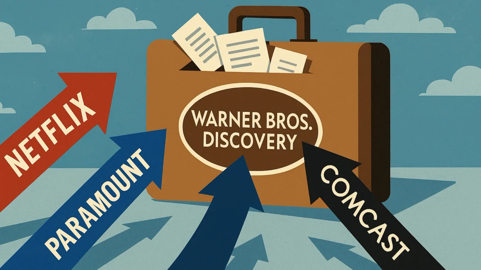 Ilustrace kufříku s nápisem Warner Bros. Discovery, k němuž míří šipky s názvy Netflix, Paramount a Comcast