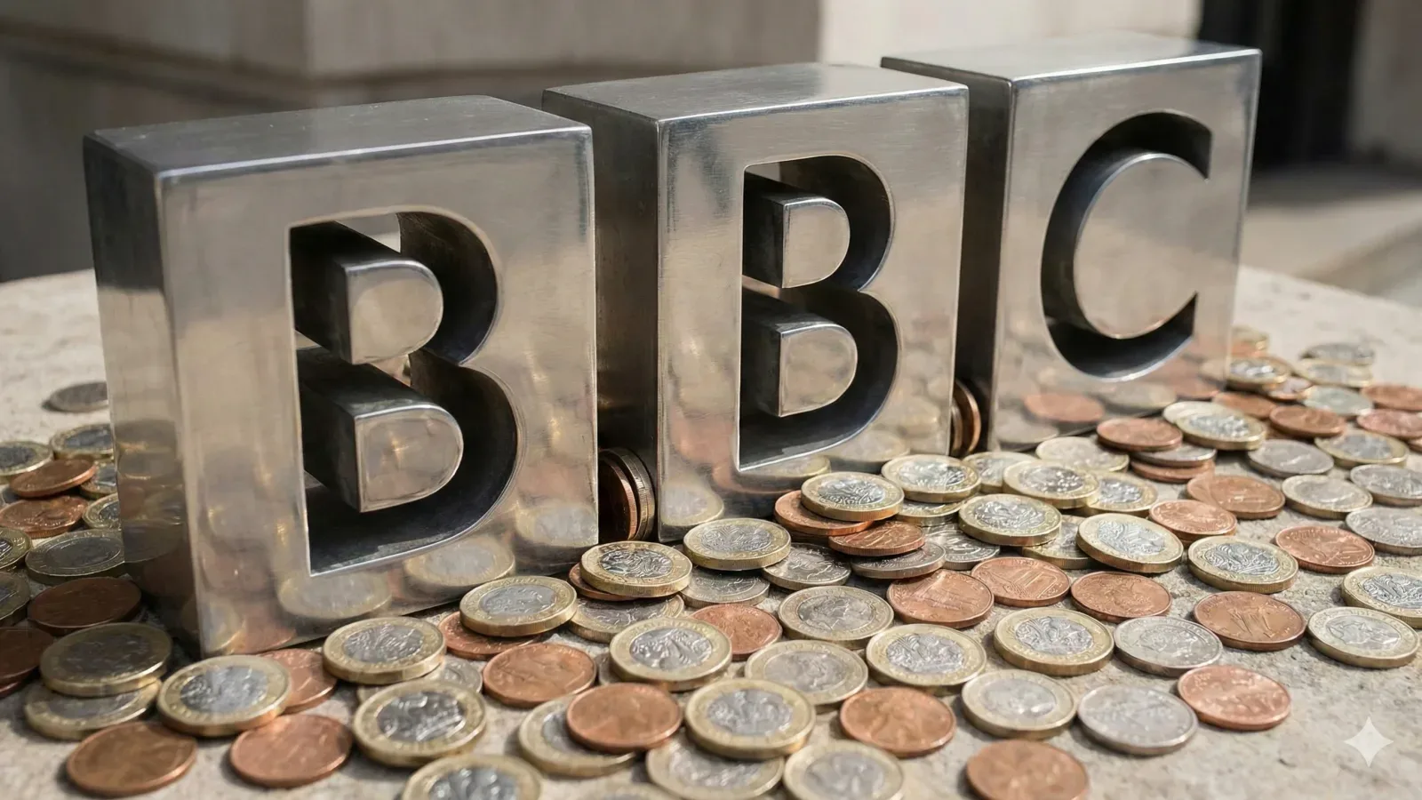 Kovové kostky s písmeny BBC obklopené hromadou britských mincí