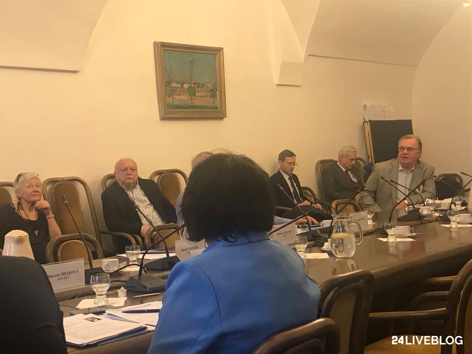Členové výboru sedí kolem stolu a poslouchají, vpravo mluví do mikrofonu muž ve světlém saku, v popředí zády k objektivu žena v modrém; vpravo dole vodoznak 24LIVEBLOG