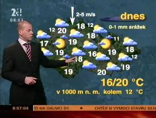 Moderátor předpovědi počasí před mapou Česka s dnešními teplotami v dosavadní grafice na ČT24