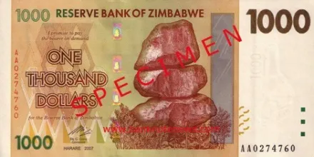 Zimbabwe - bankovka v hodnotě 1000 dolarů Zimbabwe - bankovka v hodnotě 1000 dolarů