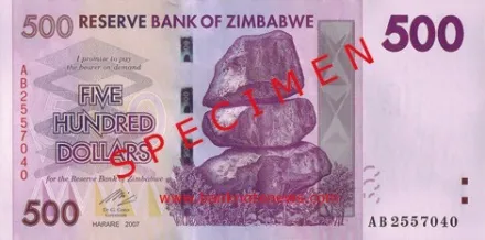 Zimbabwe - bankovka v hodnotě 500 dolarů Pětisetdolarová bankovka v Zimbabwe